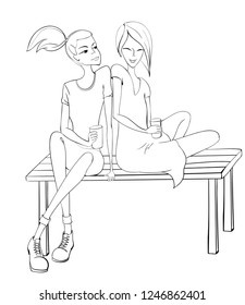 two young women drink coffee sitting on a bench. vector illustration isolated on white background.