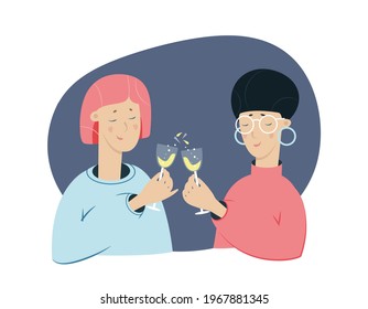 Two young women drinking alcohol. Celebration, friendship, communication offline. Flat vector illustration