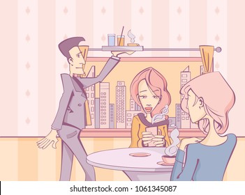 Two young women drinking coffee and hang out at bar with waiter serves drinks city scape in the background