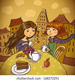 Two young women drinking coffee in cafe  