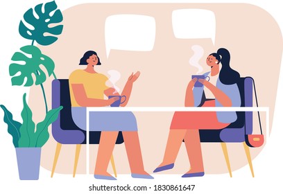 Two young women drinking tea or coffee and talking  in a cafe. Friendship, communication. Flat vector illustration