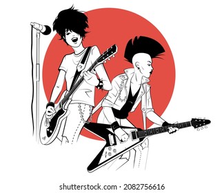 Dos mujeres jóvenes con guitarras eléctricas con estilo de sketch sobre fondo rojo.