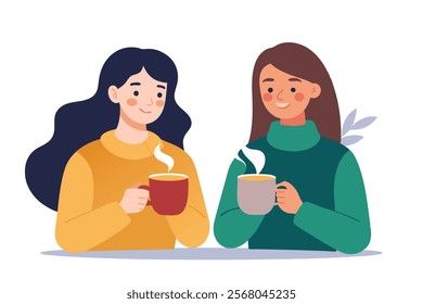 Two Young Women Enjoying Hot Beverages Together - Vector Illustration.A vibrant vector illustration of two young women sharing a moment over hot beverages, perfect for lifestyle, friendship, and coffe