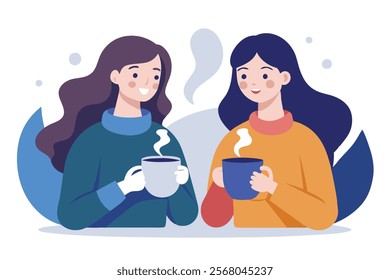 Two Young Women Enjoying Hot Beverages Together - Vector Illustration.A vibrant vector illustration of two young women sharing a moment over hot beverages, perfect for lifestyle, friendship, and coffe