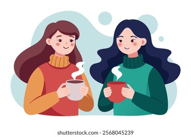 Two Young Women Enjoying Hot Beverages Together - Vector Illustration.A vibrant vector illustration of two young women sharing a moment over hot beverages, perfect for lifestyle, friendship, and coffe