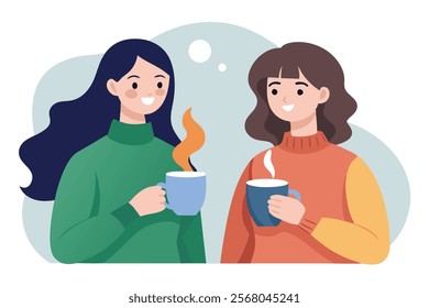 Two Young Women Enjoying Hot Beverages Together - Vector Illustration.A vibrant vector illustration of two young women sharing a moment over hot beverages, perfect for lifestyle, friendship, and coffe