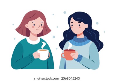 Two Young Women Enjoying Hot Beverages Together - Vector Illustration.A vibrant vector illustration of two young women sharing a moment over hot beverages, perfect for lifestyle, friendship, and coffe