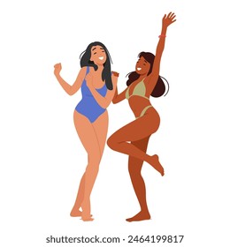 Two Young Women Enjoying A Vibrant Beach Party, Dancing Together In Swimwear. Their Joyful Expressions Capture The Essence Of Summer, Friendship, And Liberation. Cartoon People Vector Illustration