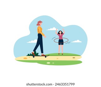 Two young women are exercising, one playing hula hoops, the other playing skate boards. sport and recreation concept. Healthy lifestyle illustration in flatstyle design