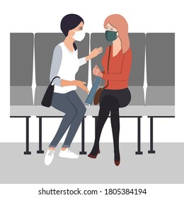 Two young women friends seating together and communicate with protective masks on their faces. Flat vector illustration.