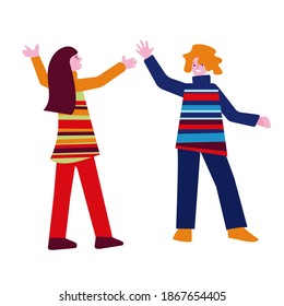 Two young women (girls) greet each other with joyful gestures. Vector illustration in flat style.