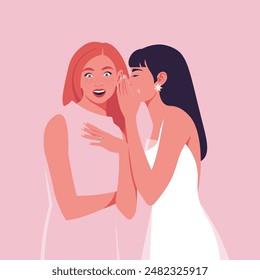 Two young women are gossiping. A young brunette whispers rumors in the ear of a shocked friend. Fashion models at the party. Vector flat illustration