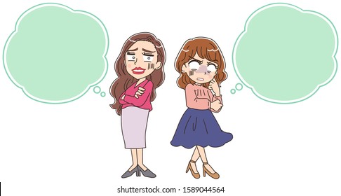 Two young women have complex expressions.They are turning their backs on each other.With a speech bubble.