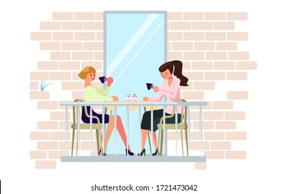 Two young women have tea time on the balcony. Relax and have a good time during the coronavirus pandemic. Flat Art Vector Illustration