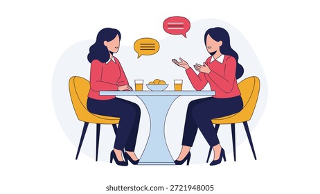 Duas jovens mulheres tendo uma conversa amigável enquanto se sentam em uma mesa redonda com bebidas e lanches em um ambiente acolhedor café.