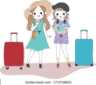 Two young women holding a suitcase and consulting on a trip while looking at the map