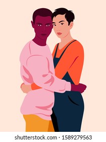 Two young women hug each other. Girls friends. Friendship and family. Love. Vector flat illustration