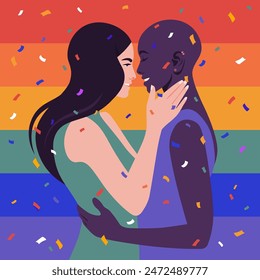 Two young women hug each other. Side view. Profile of a lesbian couple in love. Homosexual relationships. LGBTQIA+. Vector flat illustration