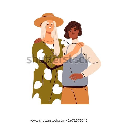 Two young women hugging. Close best friends, female couple embracing with love, support and friendship. Happy smiling girls standing together. Flat vector illustration isolated on white background