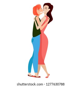 Two young women  hugging. Female friendship. Vector illustration in flat style.Isolated on white background. Eps 10