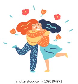 Two young women hugging. Happy meeting of friends. Love, family, friends. Vector cartoon illustration isolated. 