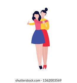 Two young women hugging, illustration of female friendship. Couple of best friends, girlfriends posing for picture in colorful outfits - flat vector on white background