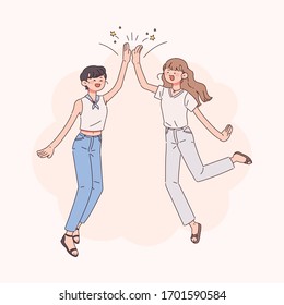 Two young women jumping and holding hands together. Positive, bright and lively illustration.