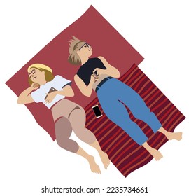 Two young women lie in nature in therapeutic meditation. Listening to the instructor using a smartphone. Hand drawn trendy Vector illustration. Cartoon style. Banner, website design templates