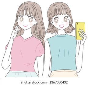 Two young women are looking at each other and enjoying their eyes. She's got a smart phone.