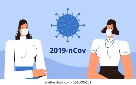 Two young women in medical masks stand and look at the new coronavirus 2019-nCoV. 