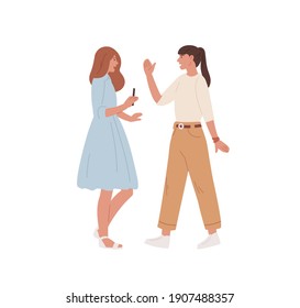 Two young women meeting and greeting each other by waving hand. Chatting girlfriends isolated on white background. Colored flat vector illustration