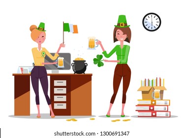 Two young women office workers celebrate St. Patrick's Day at workplace with beer mugs, Ireland flag in hands. Piles of paper documents, beer mugs, Gold Coins on desk. Flat cartoon vector illustration