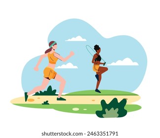 Two young women, one jogging and the other jumping rope in the park. sport and recreation conept. Simple flat style design for healthy life illustration