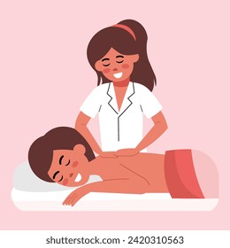 Two young women, one working and giving relaxing massages, and the other lying down with outstretched arms, happy and resting. Lifestyle of a working woman in a beauty salon, enjoying aromatherapy