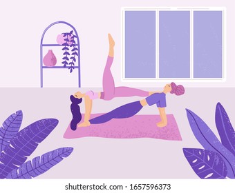 Two young women performing acro yoga exercises in a couple. Cute girl characters doing yoga at studio. Support, balance, unity, feminine friendship vector concept