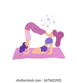 Two young women performing acro yoga exercises in a couple. Adorable girl characters doing yoga. International yoga day. Support, balance, friendship vector concept isolated on white background. 