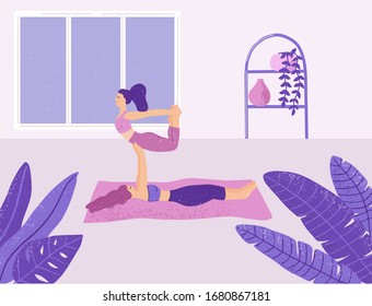 Two young women performing acro yoga exercises in a couple at home. Adorable girl characters doing yoga at studio. International yoga day. Support, balance, friendship vector concept