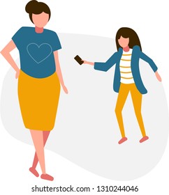 
Two young women with a phone. Blue and yellow colors, gray background. Vector illustration.