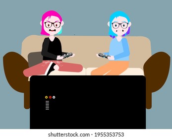 Two young women play on a console on television, one has an aggressive expression and the other concerned, they both have a fashion look and use wireless controls and are sitting on a brown sofa