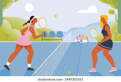 Two young women playing tennis on court. Female tennis players with rackets. Tennis match outdoor. Flat vector illustration