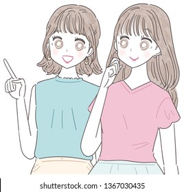 Two young women point at the left side while pointing.