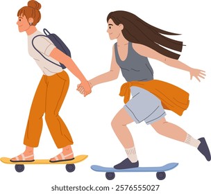 Two young women, possibly students or enjoying a leisure activity, are skateboarding while holding hands, showcasing their friendship and active lifestyle