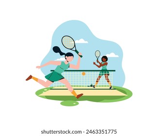 Two young women practice tennis together. sport and recreation activities concept. Simple flat design in active healthy lifestyle illustration