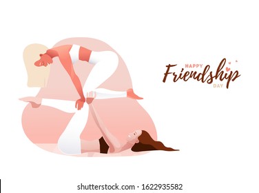 Two young women practicing acro yoga in couple. Balance, support, unity, feminine friendship or sisterhood concept. Happy Friendship Day logo. Vector illustration, pink color.