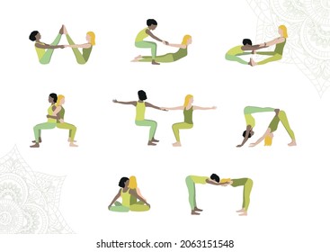 Dos jóvenes practicando yoga en pareja. Ilustración de yoga vector. Conjunto de asanas de yoga para pareja. Yoga con la pareja.