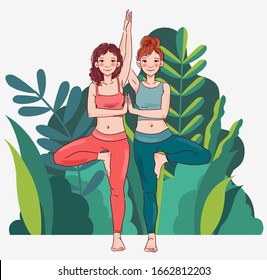 Two  young women practicing yoga in the garden. Yoga vector illustration. Summer landscape background