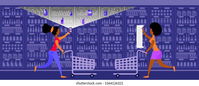 Two young women are pushing a shopping cart and making a choice of some necessary goods in a supermarket used new technology and paper shopping list. Scanning QR codes.