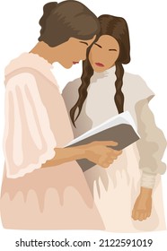 Two young women reading a book, standing next to each other. Girls reading a booklet. Vintage style dresses and hairstyles. Feminine vector illustration.