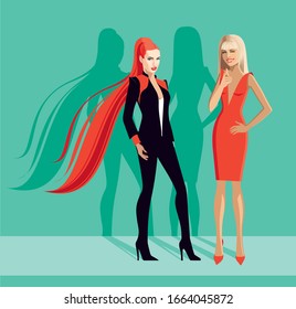 Zwei junge Frauen mit roten und blauen Haaren und blauen Augen in schwarzem Anzug und rotem Kleid