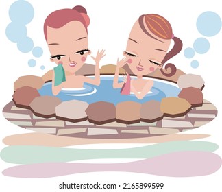 Two young women relax in an open-air bath at a travel destination.vector illustration